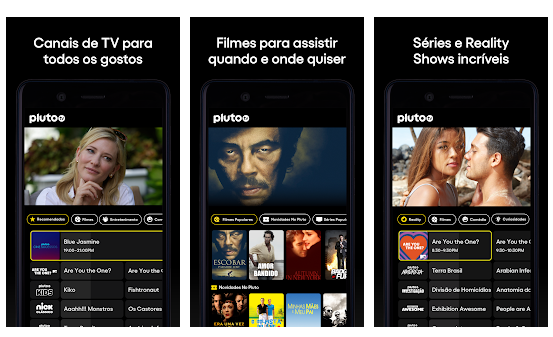 telas do aplicativo da Pluto TV